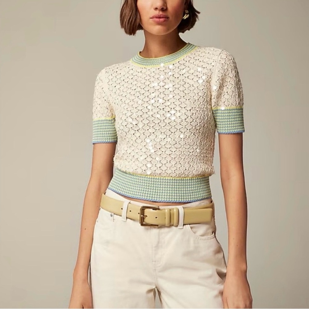 NWT J. Crew Sequin Pointelle Sweater-tee Striped Trim Ivory Blue Yellow